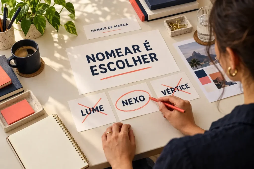 Processo prático de naming em cinco etapas, do diagnóstico à checagem de viabilidade, com critérios para escolher um nome que dure.